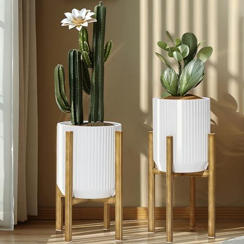 LuxenHome PSet of 2 White Planter with Gold Metal Stand - Image 2