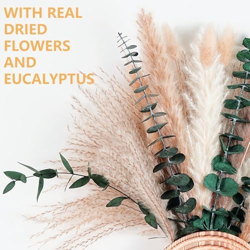 Set of 2 Wooden Vases with Pampas Grass and Eucalyptus – Boho Decor for Living Room, Modern Farmhouse Entryway or Bathroom, Rustic Art for Home Decoration - Image 4