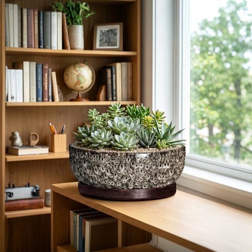 13 Inch Ceramic Bonsai Tree Pot with Saucer, White Leopard - Image 4