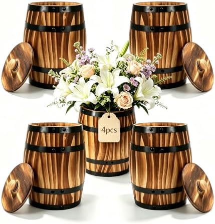 Sunmuliiiy4Pcs Wood Wine Barrel Vase 8" x 6.5" Rustic Wooden Flower Vase Rustic Barrel Barrel Planter for Wedding Reception Table Decoration Home Indoor Outdoor Garden, Kitchen, Party Table Decoration by Unknown