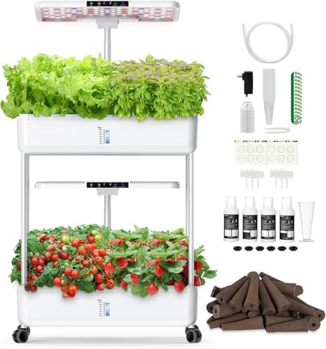 44 Pod Hydroponic Indoor Garden System White, 2 Tier Growing Kit with LED Grow Light, 10L Tank, Includes Seed Starter Kit by Dryades