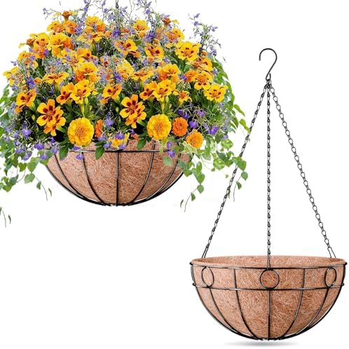 ZeeDix 2 Pack 14 Inch Metal Outdoor Plant Hanging Baskets, Round Wire Planter Basket with Coco Coir Liner, Large Hanging Flower Pots for Outdoor Garden Yard Patio Porch Balcony Decor by ZeeDix