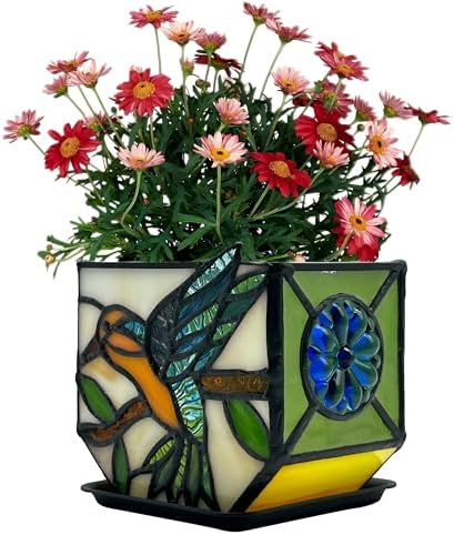 Handcrafted Stained Glass Hummingbird Planter, Indoor Decorative Flower Pot with Drainage, Planters for Indoor Plants,Garden Home Decor by Entlityful