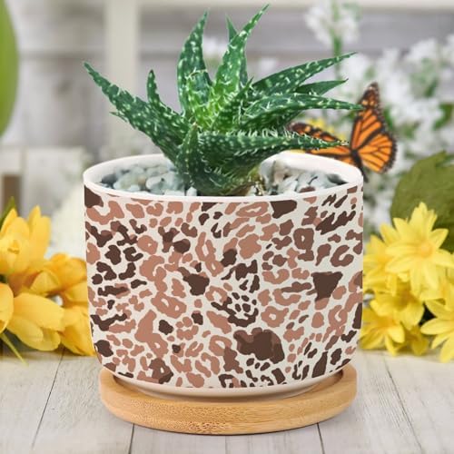 Red Brown Light Gray Leopard Planter Ceramic African Tribal Animal Print Round Plant Pot with Drainage Holes and Bamboo Tray Pot for Home Office Desk Garden - Image 6