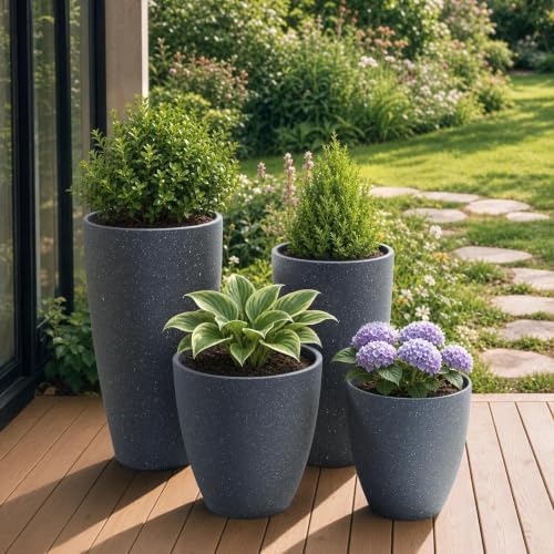 ZMTECH 4 Pack Plastic Planters 21/18/12/10in, Indoor Outdoor Round Planter for Porch, Large Plant Pot with Drainage Hole for Home Garden Front Door, Modern Decorative Pots for Plants (Dark Gray) - Image 7