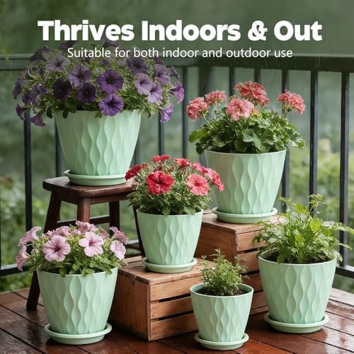 Plant Pots, Self Watering Planters with Drainage Holes and Trays, Flower Pots for Indoor Outdoor - 6 Pack(4/5/6/6.5/7/8 Inch) (Light Green) - Image 6