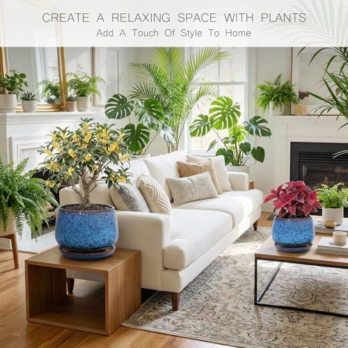7.5 Inch Ceramic Planter with Saucer,Modern Garden Pots with Drainage Hole Mesh Net, for Indoor Outdoor Use (Speckle Blue) - Image 2