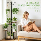 Plant Stand Indoor with 2 Hanging Hooks, 5 Tiered Corner Plant Shelf Flower Stand for Multiple Plants, Plant Stands Organizer Rack for Living Room Balcony Patio Garden (Black+Brown, Round) - Image 4
