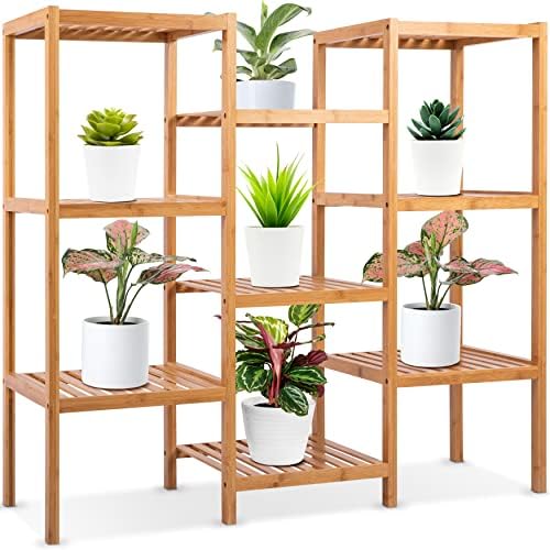 SereneLife 9-Shelf Bamboo Plant Stand - 13'' x 38'' x 35.5'' 9 Tier Adjustable Storage Shelf for Indoor/Outdoor Plants, Lightweight, Sturdy, Space-Saving Home Decor, Water-Resistant, Easy to Assemble by SereneLife