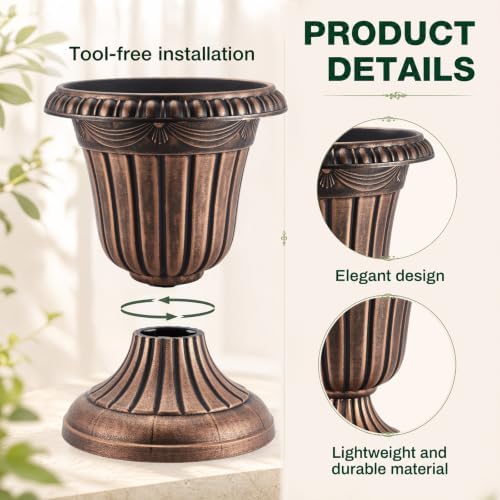 Zhehao 4 Pcs 16 x 18 Inches Brushed Copper Plastic Urn Planter Classic Flower Pots Front Porch Planters Indoor Outdoor Planters with Pedestal for Wedding Party Bridal Shower Garden Patio Porch - Image 3