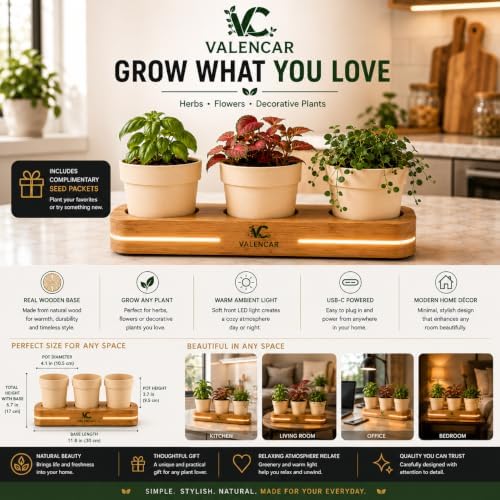 Wooden Indoor Herb Garden Kit with LED Grow Light - Modern Countertop Planter for Kitchen Decor, Unique Gardening Gift for Women & Beginners, 3 Pot Indoor Planting Starter Set - Image 7