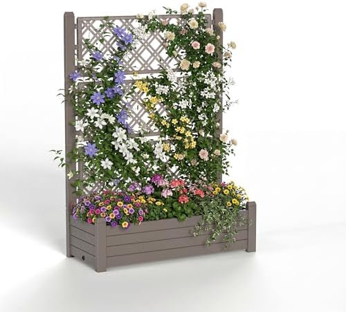 Elevated Raised Garden Bed with Trellis,Resin Planter Boxes Outdoor for Backyard Balcony,Large Patio Planter Box for Herbs Flowers Vegetables(Grey) by ASKPASS