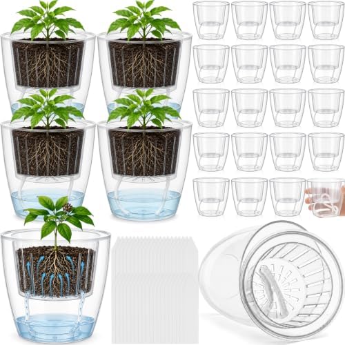 24 pcs Self Watering Pots 3.5 Inch Plastic Flower Plant Pot with Inner Pot Self Watering Wick Planter Clear Flower pots for Indoor House Plants Herbs, Flowers, Succulents, 100 Plant Label by Ferrochef