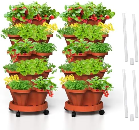 Strawberry Vertical Planters 2 Pack, 5 Tiered Stacking Tower Garden with Support Pole, Stackable Herb Vegetable Planters Indoor Outdoor Terra Cotta by Tectsia