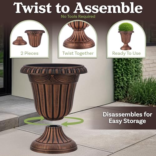 Outdoor Planter 2-Pack - 16x18-Inch Urn Planters for Front Porch Decor, Indoors, Patio or Entryway - Plastic Plant Pots - Large Decorative Flower Pots by Pure Garden (Rustic Bronze) - Image 7