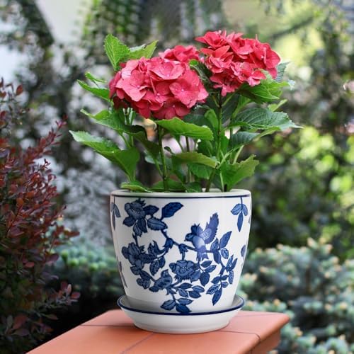 HakkaGirl 8 inch Ceramic Flower Pots, Chinoiserie Decor Ceramic Planter Plant Pots for Indoor Plants with Drainage and Saucer, Blue and White - Image 7