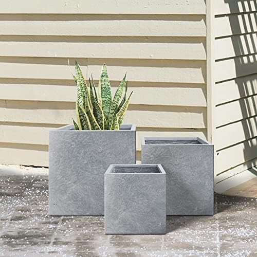 Kante 16",12",10" Square Concrete Planters Set of 3 for Outdoor Indoor Home Patio Garden, Large Plant Pot with Drainage Hole and Rubber Plug, Slate Gray - Image 4