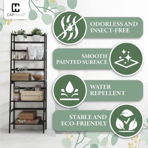 CAPHAUS Bookshelf, 5-Tier Ladder Shelf, Floor Bookcase with Bamboo Frame,Freestanding Storage Shelves Display Shelf, for Living Room,Home Office,Bedroom,Kitchen,Bathroom,Plant Stand,White - Image 4