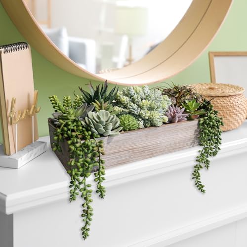 Winlyn 15" Artificial Succulents Plants Arrangement Fake Succulent Plants in Whitewashed Rectangular Wooden Planter Box Faux Potted Plant Decor for Home Windowsill Shelf Farmhouse Table Centerpiece - Image 6