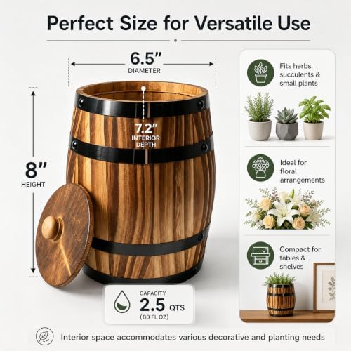Sunmuliiiy4Pcs Wood Wine Barrel Vase 8" x 6.5" Rustic Wooden Flower Vase Rustic Barrel Barrel Planter for Wedding Reception Table Decoration Home Indoor Outdoor Garden, Kitchen, Party Table Decoration - Image 2