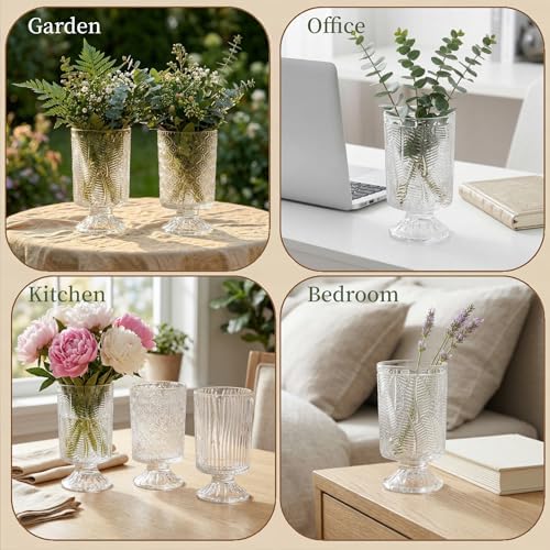 Pumtus 3 Pack Flower Vases for Centerpieces, Vintage Glass Pedestal Vase Set, Decorative Embossed Big Base Vase, Clear Hurricane Candle Holder, Medium Cylinder Vase for Wedding, Home, Party, Office - Image 6