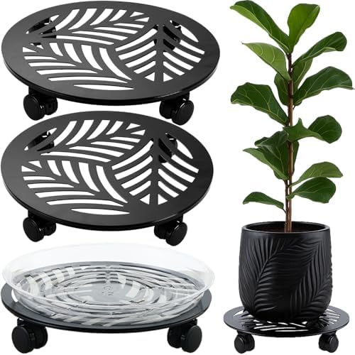 2 Packs Large Metal Plant Caddy with PU Wheels 13" Heavy-Duty Wrought Iron Rolling Plant Stands Indoor Outdoor Wheeled Plant Dolly Planter Mover Rollers Plant, Leaf Style by Planterhoma