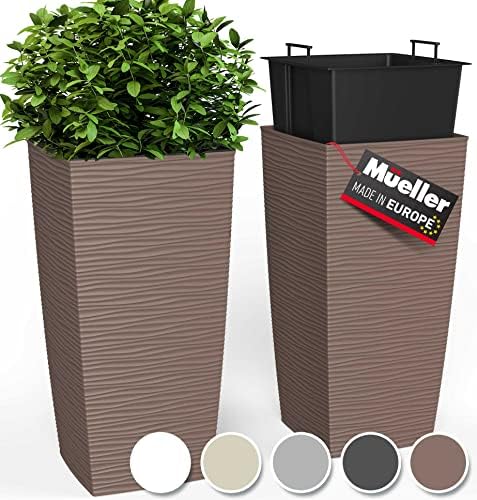 Mueller M-Resin Heavy Duty Tall Planters for Outdoor Plants, Indoor Grande Plant Pots, Boxes, Trees, Flower Pots, 2-Piece Set, 18”, Modern Design, Built-in Drainage, Front Porch Decor, Mocha by Mueller