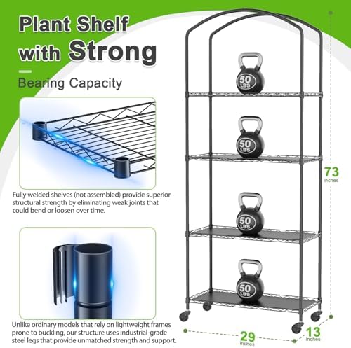 4-Tier Greenhouse with Wheels, Height-Adjustable Shelves Metal Plant Shelf - Image 2