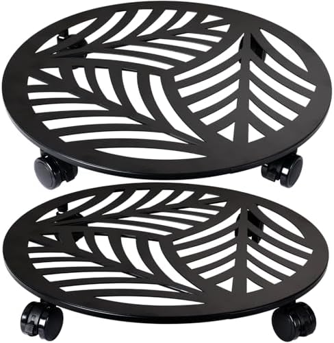 2 Packs 16" Extra-Large Metal Plant Caddy with Wheels Heavy-Duty Iron Rolling Wheeled Plant Stands Indoor Outdoor Wheeled Plant Dolly Coaster Planter Mover Rollers Base, Leaf Style by Planterhoma