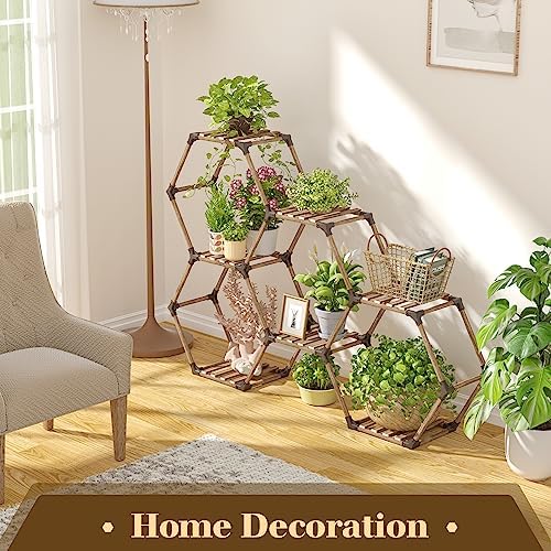 Tikea Hexagonal Indoor Outdoor Plant Stand, 7-Tier Wooden Plant Shelf - Image 2