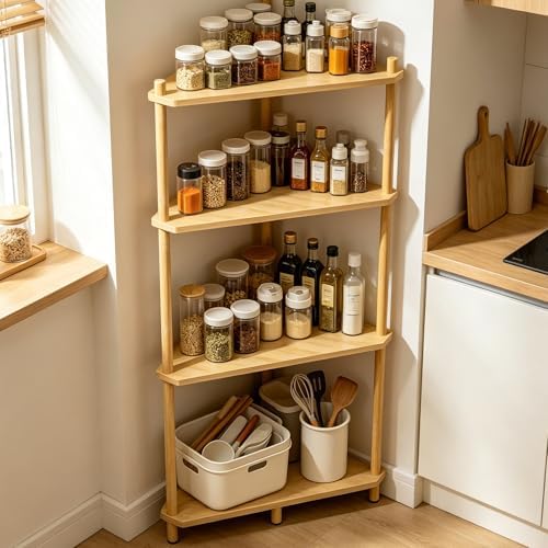 Corner Shelf Display Stand - Bamboo 4 Tier Tall Corner Shelving Unit, Small Corner Bookshelf Wood Corner Storage Shelf Plant Stand for Bathroom, Bedroom, Office, Kitchen, Living Room Decor by QIAMBAMDAY
