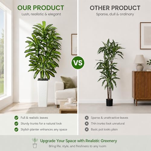 Artificial Dracaena Tree Indoor, 7FT Tall Fake Floor Plants with White Planter & Pebbles, Faux Silk Yucca Tree for Home Office Living Room Bedroom Farmhouse Modern Outdoor Topiary Tree - Image 7