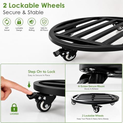 18" Plant Caddy with Locking Wheels, 500lbs Iron Rolling Plant Stand 2-Pack - Image 4