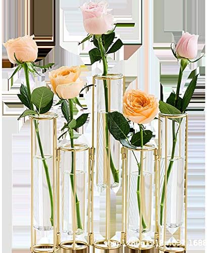 Hinged Flower Vases with 5 Test Tubes Glass Flower Vase with Metal Stand Can be Bent and Contorted Propagation Station Plant Display Holder Set for Home Wedding Décor - Image 3
