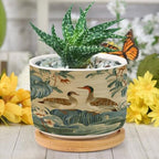 Garden Planters Ceramic Round Plant Pot with Drainage Holes and Bamboo Tray Pot for Home Desktop Office Windowsill - Image 6