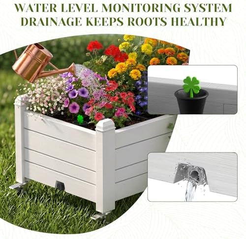 Outdoor Raised Garden Bed Elevated Planter Box Resin Plant Stand with Wheels Legs Water Gauge Drainage Patio Gardening Off-White - Image 2
