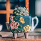 3.63 Inch Hand Painted Succulent Planter with Drainage and Saucers Ceramic Cactus Planter Pot Clay Pot Floral Design Indoor Outdoor Set of 3 (Green Yellow Red) - Image 7