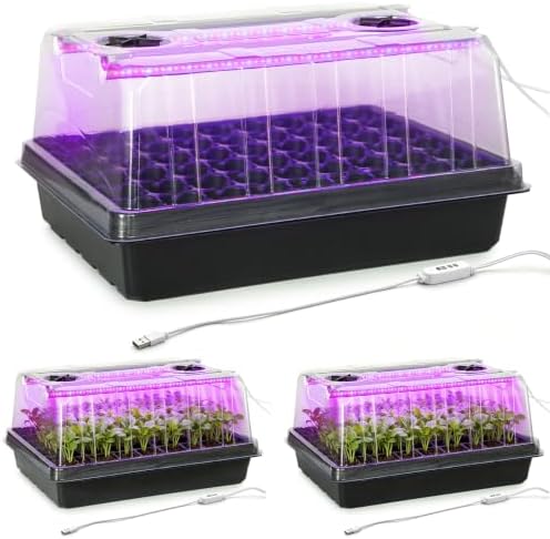 3-Pack Seed Starter Trays with Grow Lights, 5" Tall Humidity Dome & 54-Cell by RooTrimmer