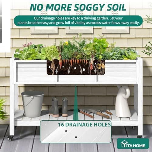 YITAHOME Raised Garden Bed HDPE, 47x18x31In Raised Flower Bed Poly-Wood Weather-Resistant Elevated Planter Box with Lockable Wheels & Storage Shelf for Vegetable Flower, White - Image 3