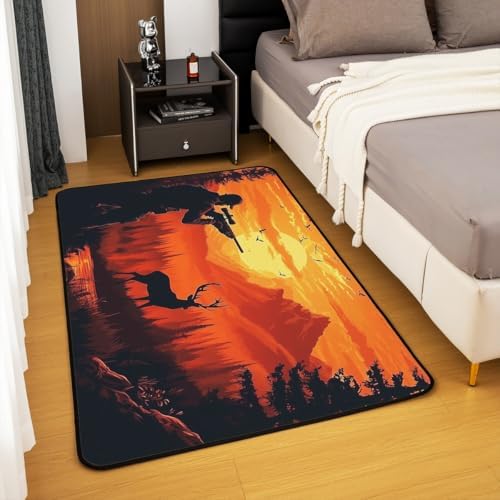 Erosebridal Hunter Shotgun Deer Area Rug 6'6" x 4'11" Hunting Woodland Sunset Living Room Rugs Bird Nature Plants Decorative Carpet Elk Red Orange Indoor Floor Mat - Image 3