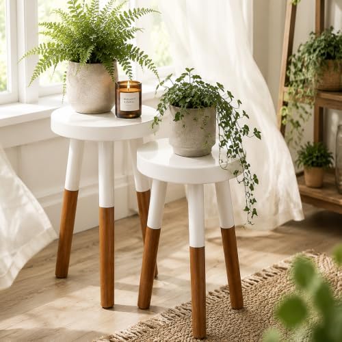 LitaEther Modern Side Table Set of 2, Solid Wood Accent Table,12" D x 12" W x 20" H & 12" D x 12" W x 18" H Small End Table for Living Room Bedroom, Plant Stand, Bathroom Stool, Pedestal Drink Table - Image 4