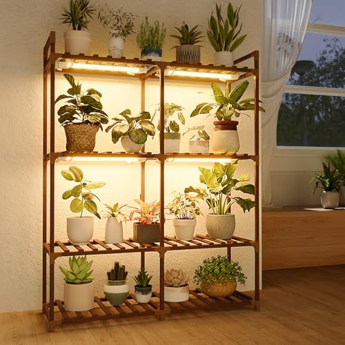 Bamworld Plant Stand with Grow Lights for Indoor Plants Wood Plant Shelf by Bamworld