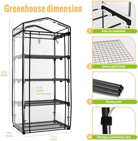 Indoor Greenhouse with Grow Light, 4-Tier Shelf, 26.4x19x61in - Image 3