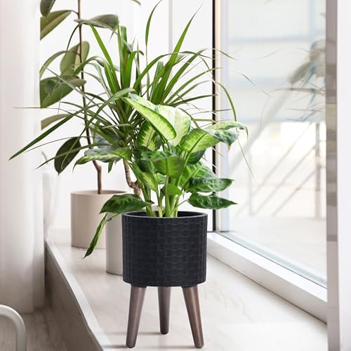 D'vine Dev Planter Pot with Wood Stand, 8 in, Matte Black, 88-Z-A-2 - Image 2