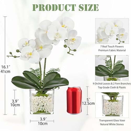 White Orchids Artificial Flowers 16.1" Faux Orchids Plant in Pot Fake Flower Arrangements with Glass Vases Small White Centerpieces for Kitchen Dining Room Tables Bathroom Nightstand Shelf Desk Decor - Image 2