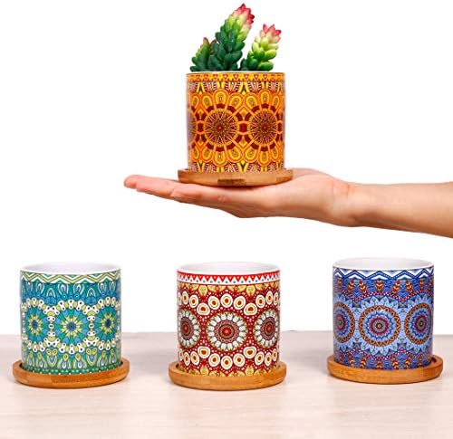 4 pcs 3.0 inches Ceramic Succulent Planters - with Bamboo Trays, Small Plant/Cactus/Bonsai/Flower Container Pots Gift with a Drainage Hole for Windowsill and Office Table Home Decor - Image 2