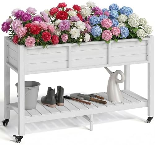 YITAHOME Raised Garden Bed HDPE, 47x18x31In Raised Flower Bed Poly-Wood Weather-Resistant Elevated Planter Box with Lockable Wheels & Storage Shelf for Vegetable Flower, White by YITAHOME
