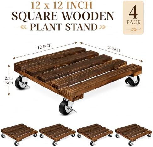 4 Pack Wooden Plant Stand With Wheels, 12" Rolling Planter Base Plant Stand, With Metal Lockable Caster Wheels, For Indoor Outdoor Plant Pots - Image 4
