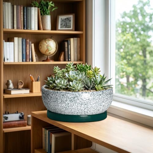 Pots for Succulents, 13 Inch Ceramic Bonsai Pots, Texture Green - Image 3