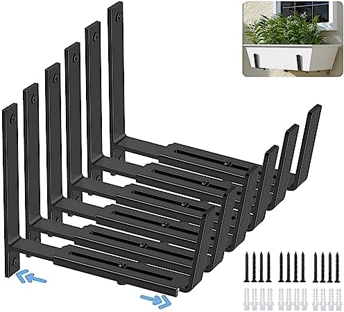 HFHOME 6 PCS Adjustable Planter Box Brackets (6 to 12.5 in), Universal Window Box Brackets, Heavy Duty Metal Flower Box Wall Mounting Hooks for Balcony, Fences, Patio, and Garden - Black by HFHOME